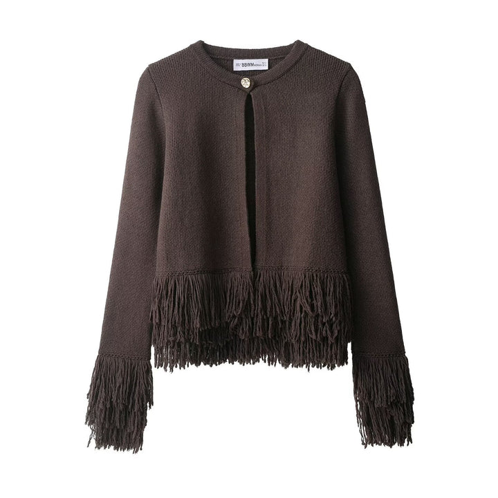 Damen Fransen Strickjacke mit eleganter Knopfverschlusstechnik Drune