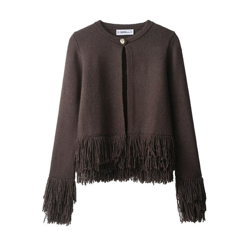 Damen Fransen Strickjacke mit eleganter Knopfverschlusstechnik Drune