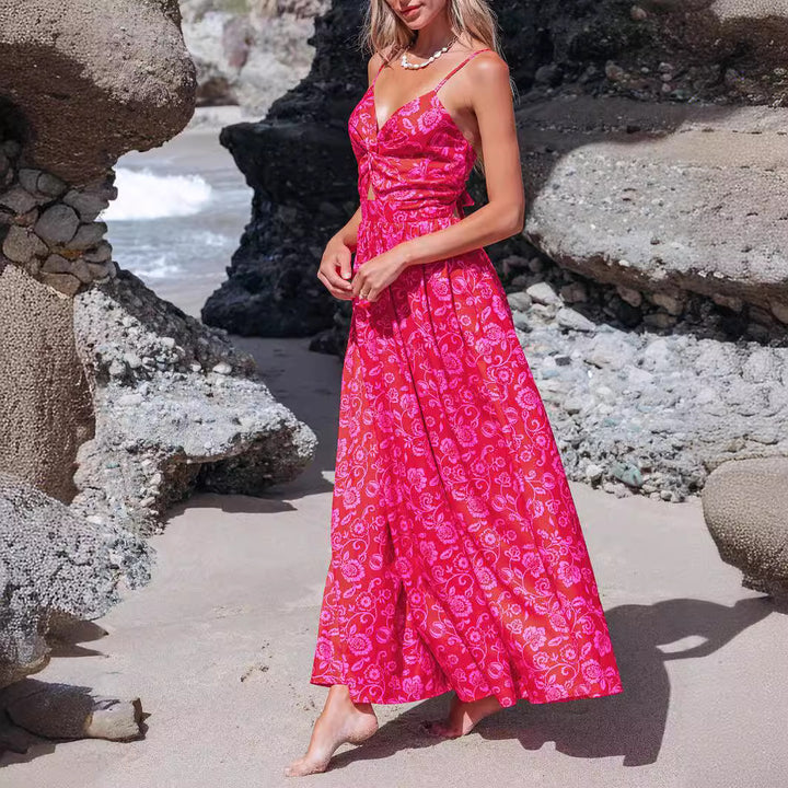 Damen Maxikleid mit raffiniertem Knotendetail und floralen Designelementen Drune