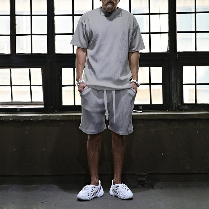 Herren nan lässiges Waffeljersey-Set mit weitem Oberteil und Tunnelzug-Shorts Drune