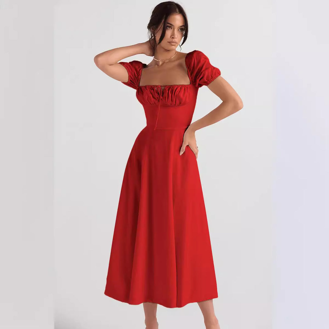 Damen Elegantes Midikleid mit Puffärmeln und raffiniertem Ausschnitt Drune