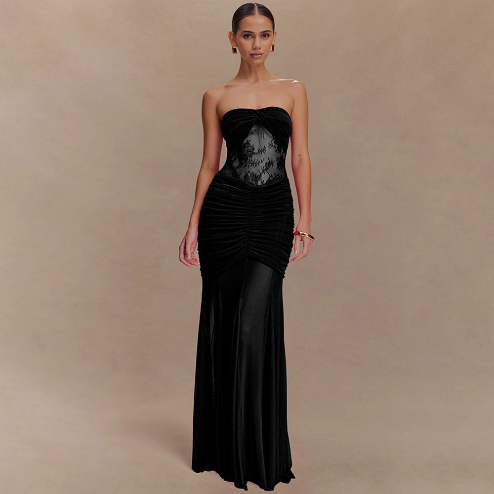 Damen Strapless Maxikleid mit raffinierten Drapierungen und Spitzen-Mix Drune