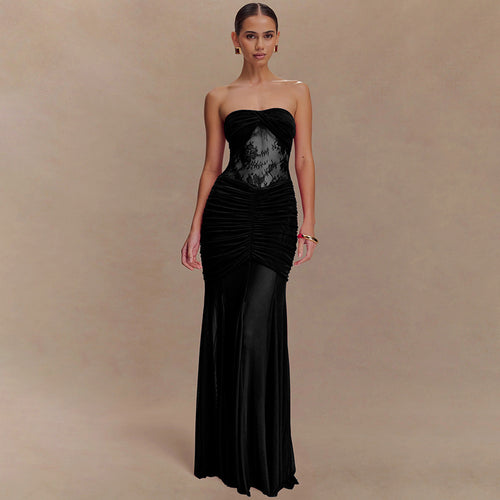Damen Strapless Maxikleid mit raffinierten Drapierungen und Spitzen-Mix Drune
