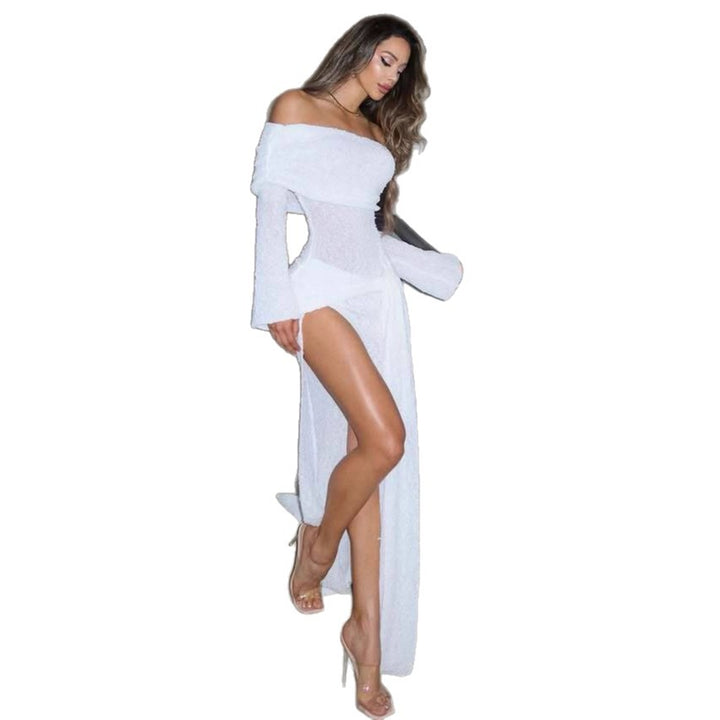 Damen Off-Shoulder Maxikleid mit fließendem Stoff und hohem Schlitz Drune