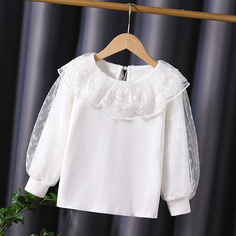 Mädchen Bluse mit floralem Tüllkragen und eleganten Puffärmeln Drune