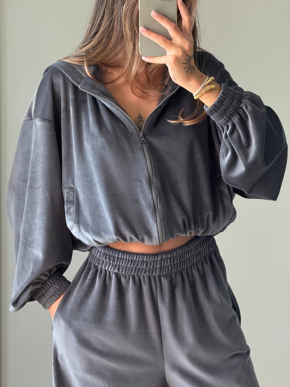 Damen modisches Velours-Set mit elastischem Bund und hohem Kragen Drune