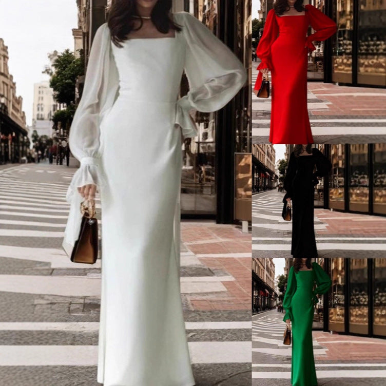Damen elegantes Maxikleid mit Puffärmeln und quadratischem Ausschnitt Drune