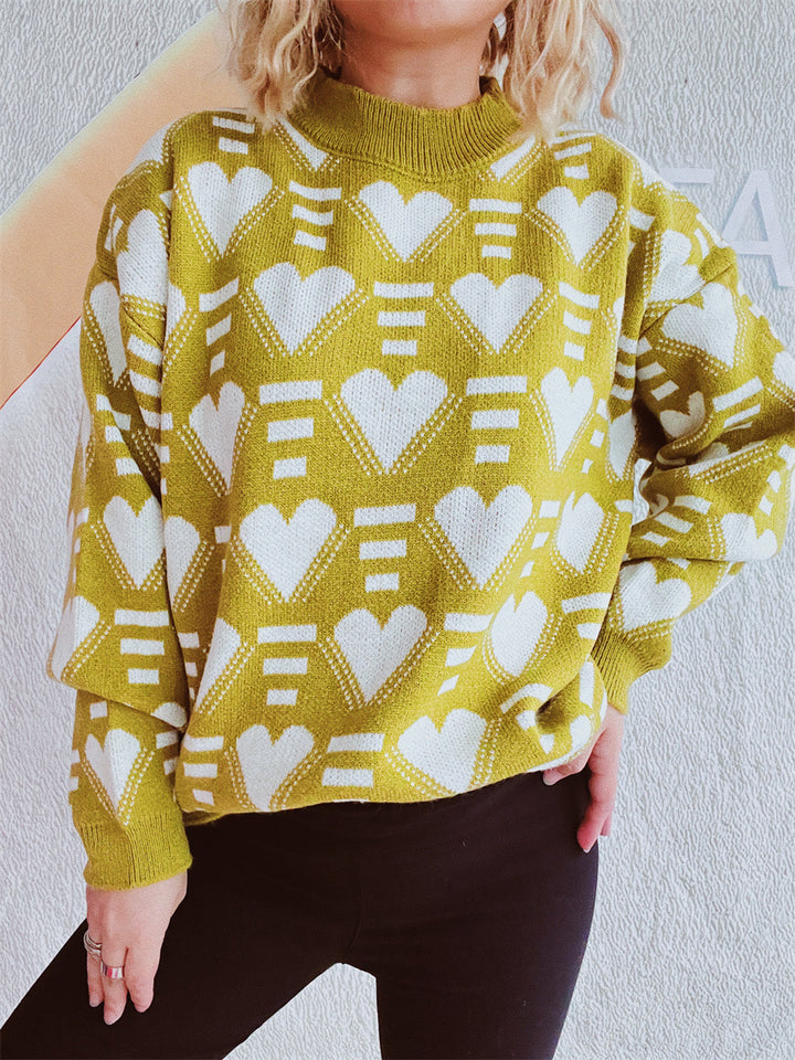 Damen gestrickter Pullover im modernen Herzdesign mit weitem Schnitt Drune
