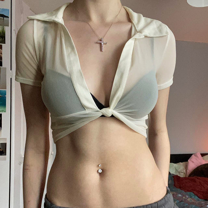 Damen Moderne cropped Bluse mit tiefem V-Ausschnitt und verspieltem Knoten Drune