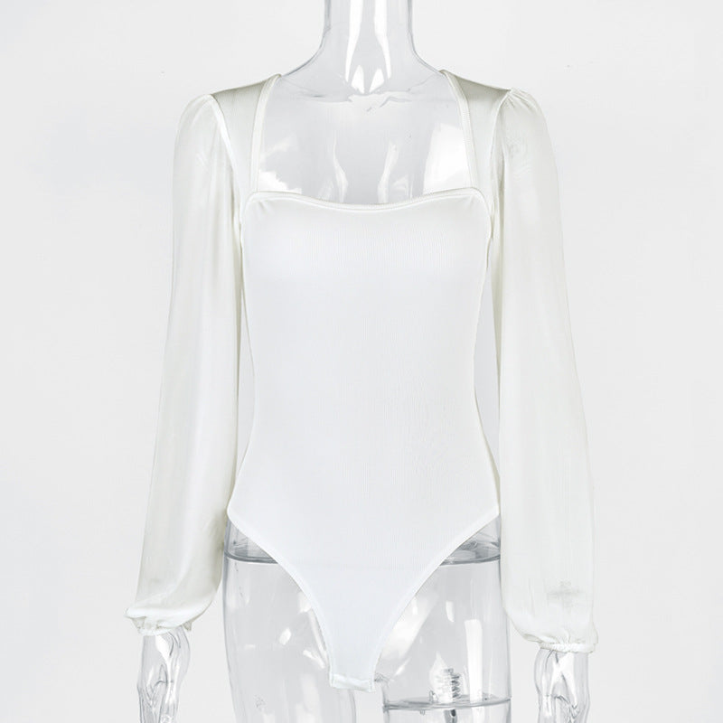 Damen Eleganter Body mit transparenten Puffärmeln und quadratischem Ausschnitt Drune