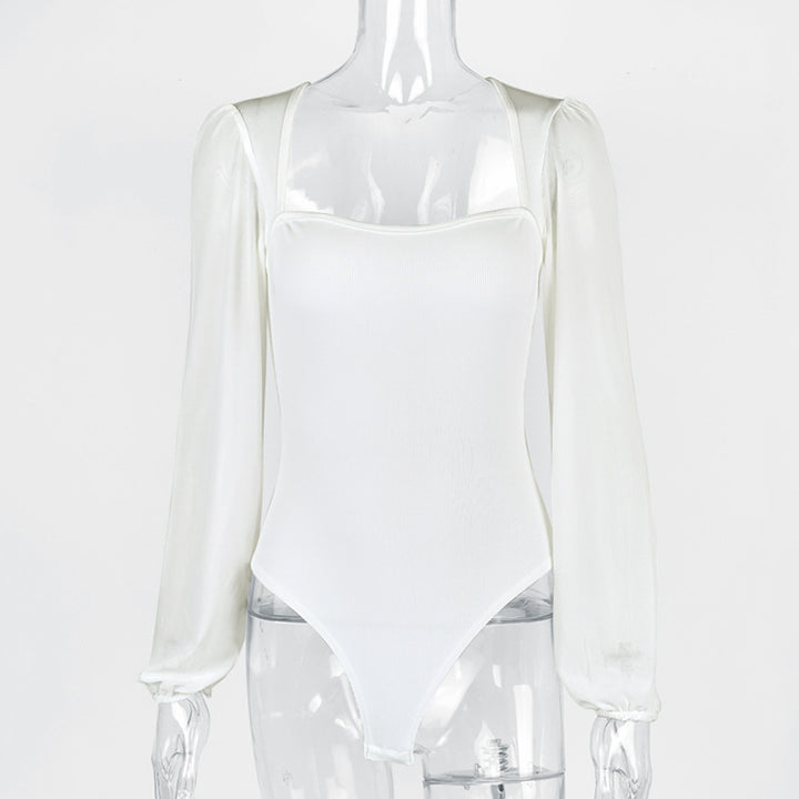 Damen Eleganter Body mit transparenten Puffärmeln und quadratischem Ausschnitt Drune