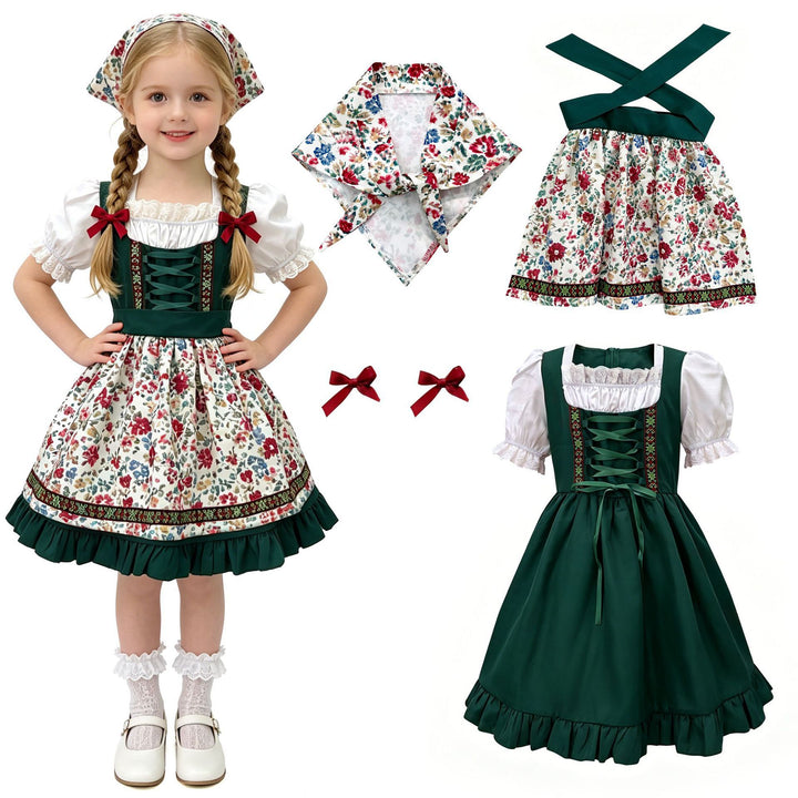 Damen nan traditionelles Kinderdirndl mit Schürze Haarband Spitzenbluse und Zierschnürung Drune