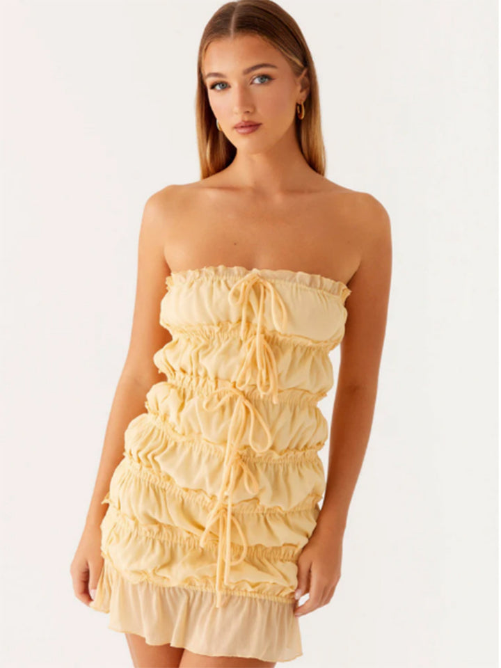 Damen Kurzkleid mit raffinierten Rüschen und verstellbarem Kordelzug Drune