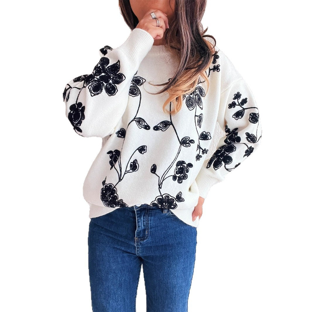 Damen lässiger Pullover mit floralem Stickdesign und modernem Schnitt Drune