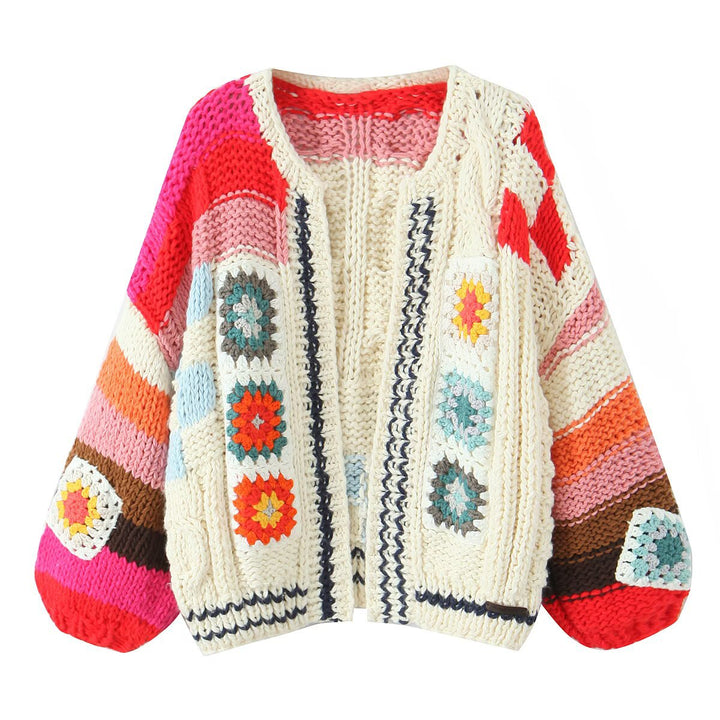 Damen modische Strickjacke mit bunten Häkelmotiven Drune