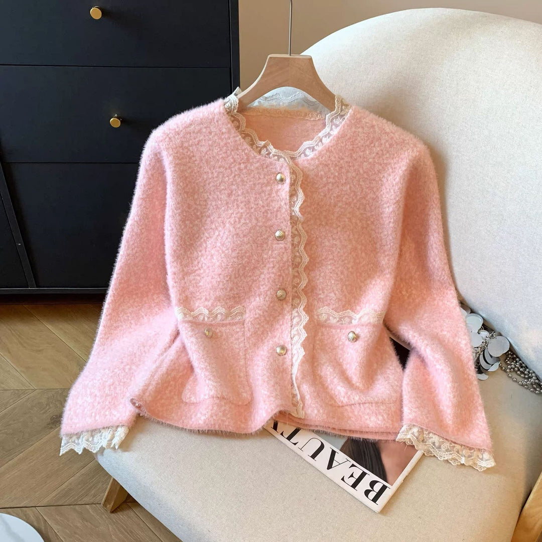 Damen elegante Strickjacke mit Perlen und Spitzen Drune