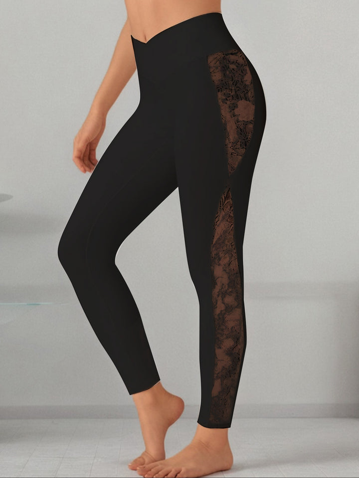 Damen Leggings mit transparenter Spitzeinsatz und hohem Taillenbund Drune