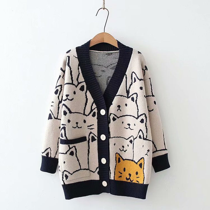 Damen Strickjacke mit Katzenmuster Drune