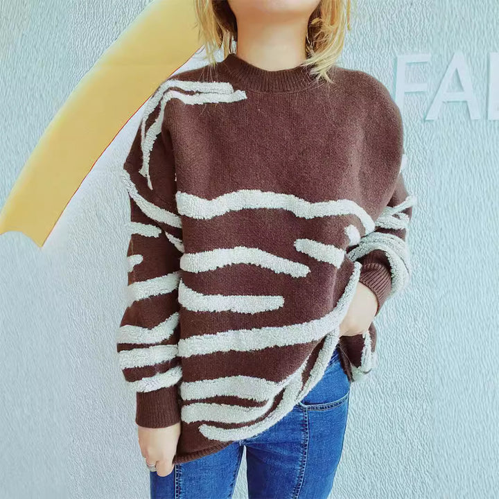 Damen lässiger Strickpullover mit modernem Zebrastreifenmuster Drune