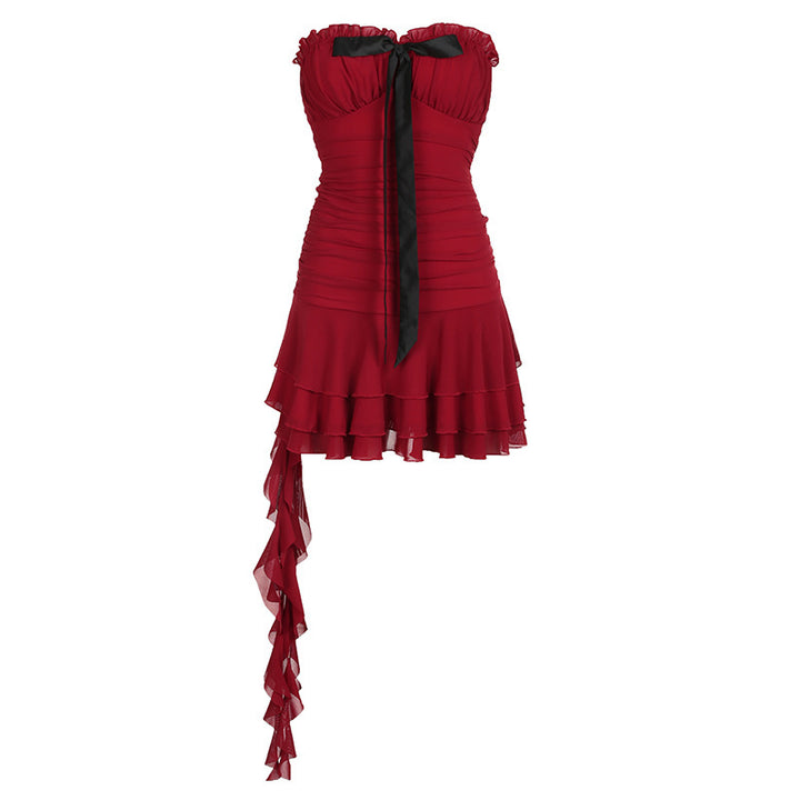 Damen elegantes Wickelkleid mit voluminösen Rüschendetails und Taillenband Drune
