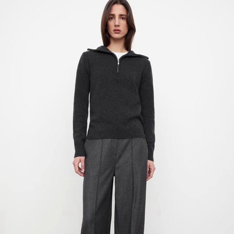 Damen eleganter Strickpullover mit Kapuze und halbem Reißverschluss Drune