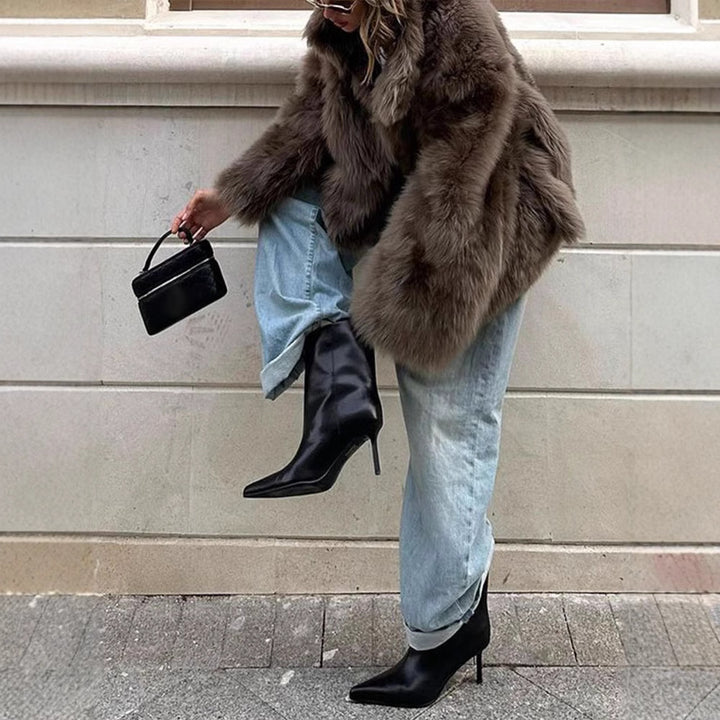 Damen Modischer Kurzfellmantel mit großem Kragen Drune