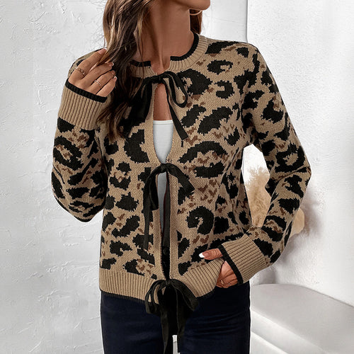 Damen modischer Strickcardigan mit animalischem Muster und dekorativem Bindegürtel Drune