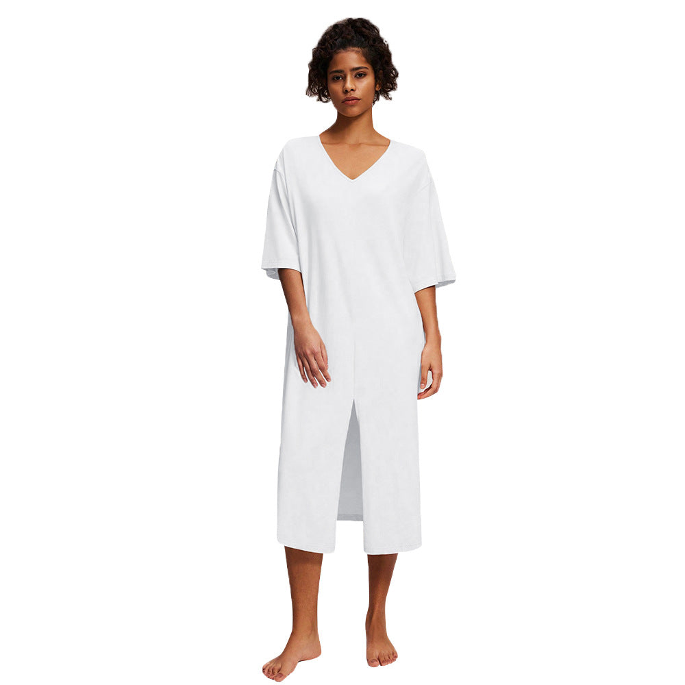 Damen lässiges Midikleid mit tiefem V-Ausschnitt und seitlichem Schlitz Drune