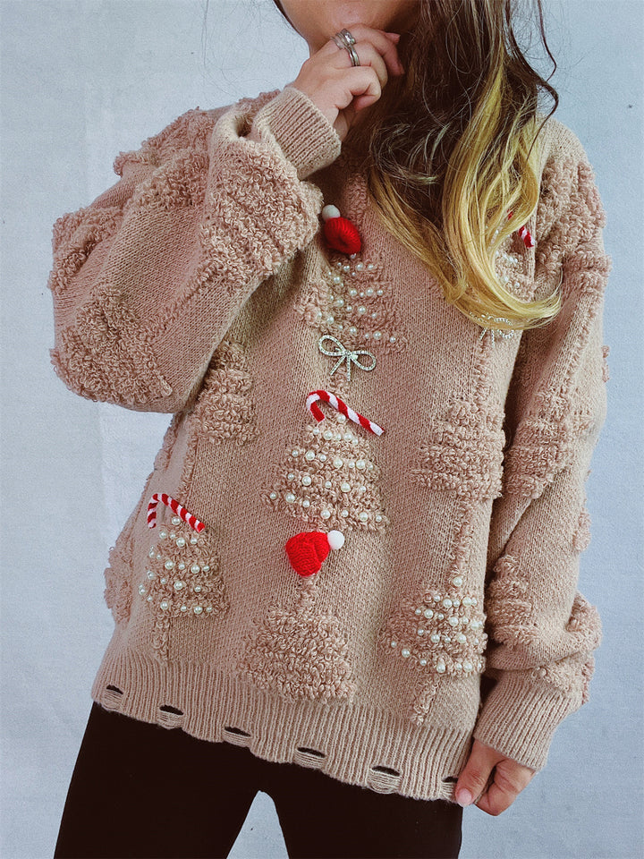 Damen festlicher Pullover mit kreativen Weihnachtsmotiven und strukturiertem Design Drune