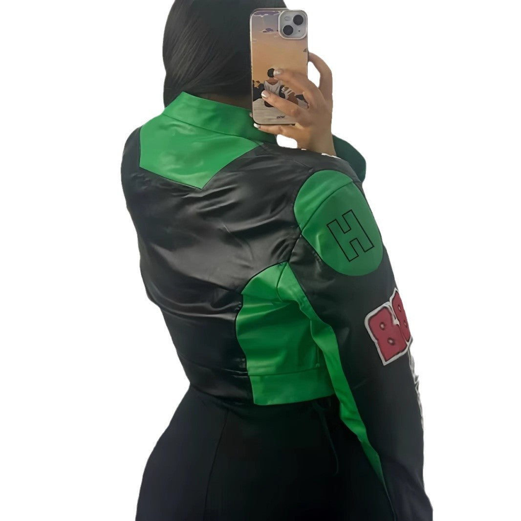 Damen trendige cropped Bikerjacke mit sportlichen Patches Drune