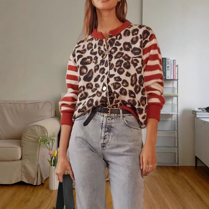 Damen Modische Jacke mit Tiermuster und gestreiften Ärmeln Drune