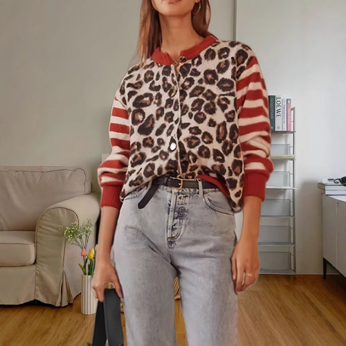 Damen Modische Jacke mit Tiermuster und gestreiften Ärmeln Drune