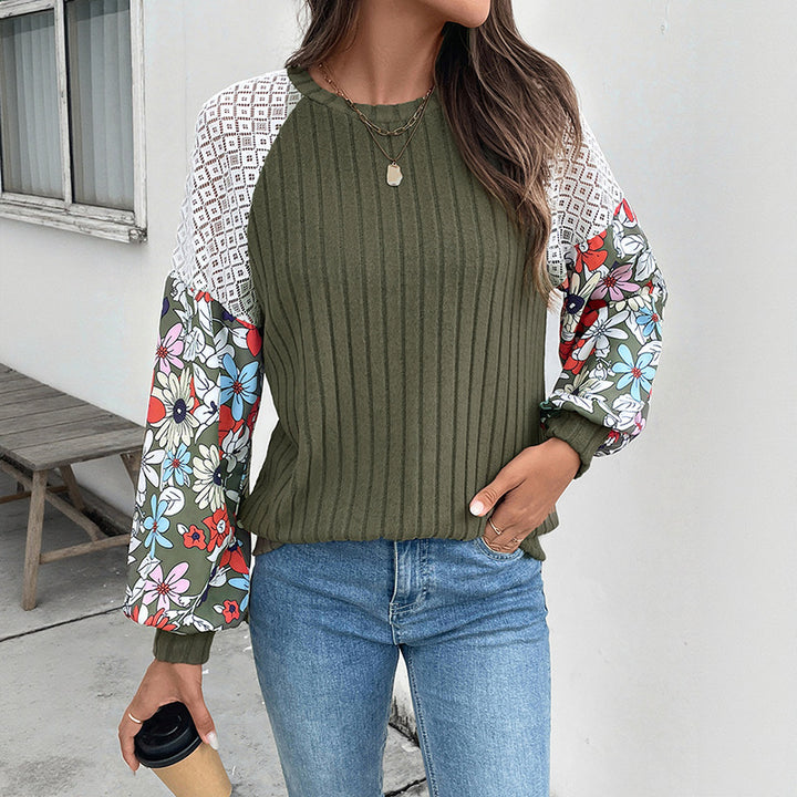 Damen Strickpullover mit bunten Blumenärmeln und Rippenstruktur Drune