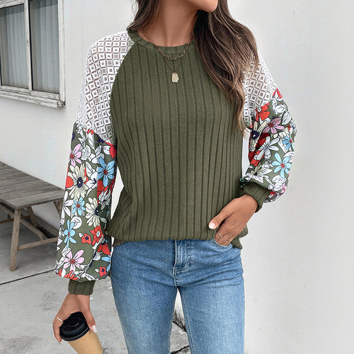 Damen Strickpullover mit bunten Blumenärmeln und Rippenstruktur Drune