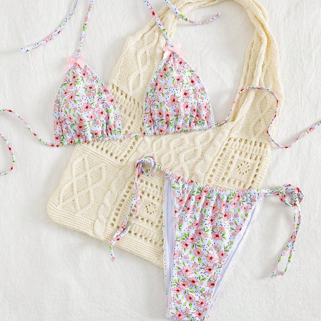Damen Triangel-Bikini mit floralem Muster und vielseitigem Höschen Drune