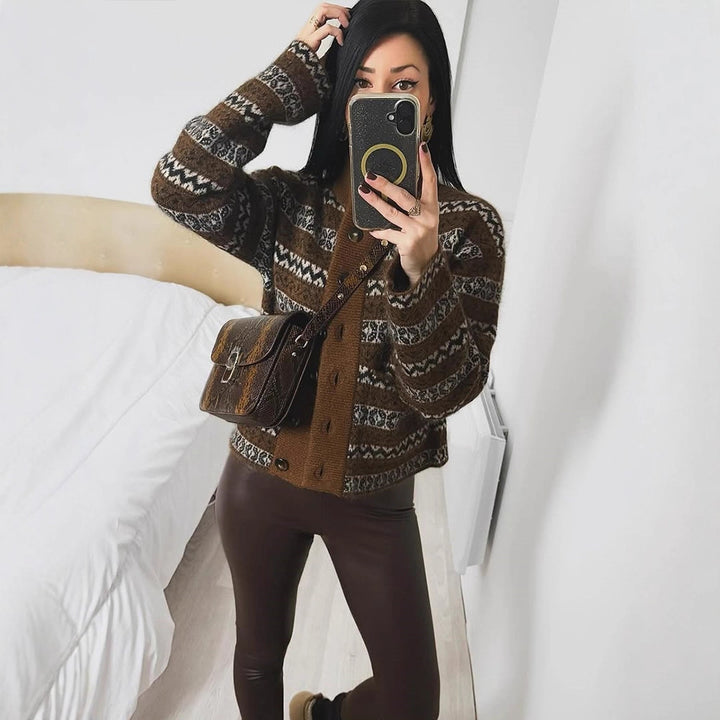 Damen Jacquard Strickjacke mit Knopfleiste und modischem Muster Drune