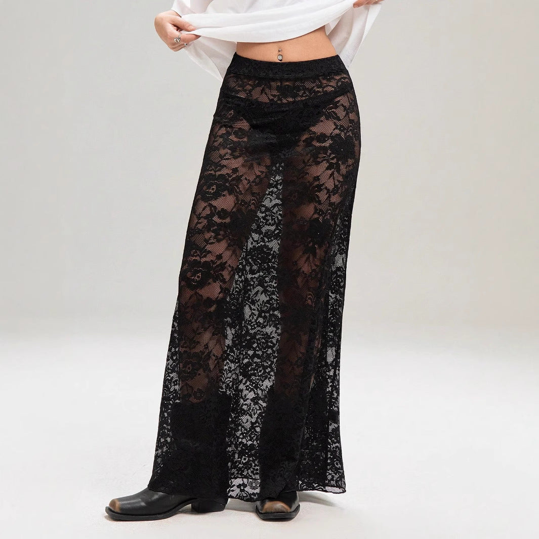 Damen Maxirock aus eleganter Spitze mit hohem Schlitz und voluminösem Schnitt Drune