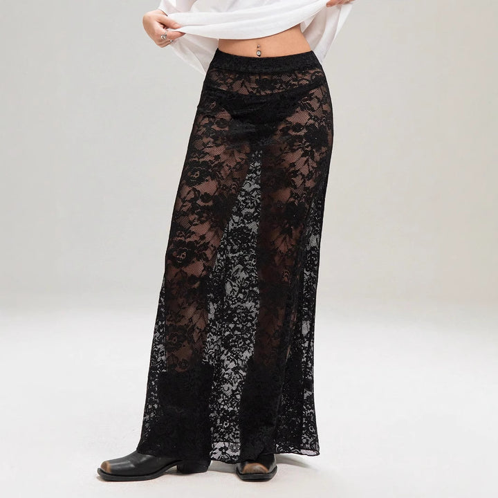 Damen Maxirock aus eleganter Spitze mit hohem Schlitz und voluminösem Schnitt Drune