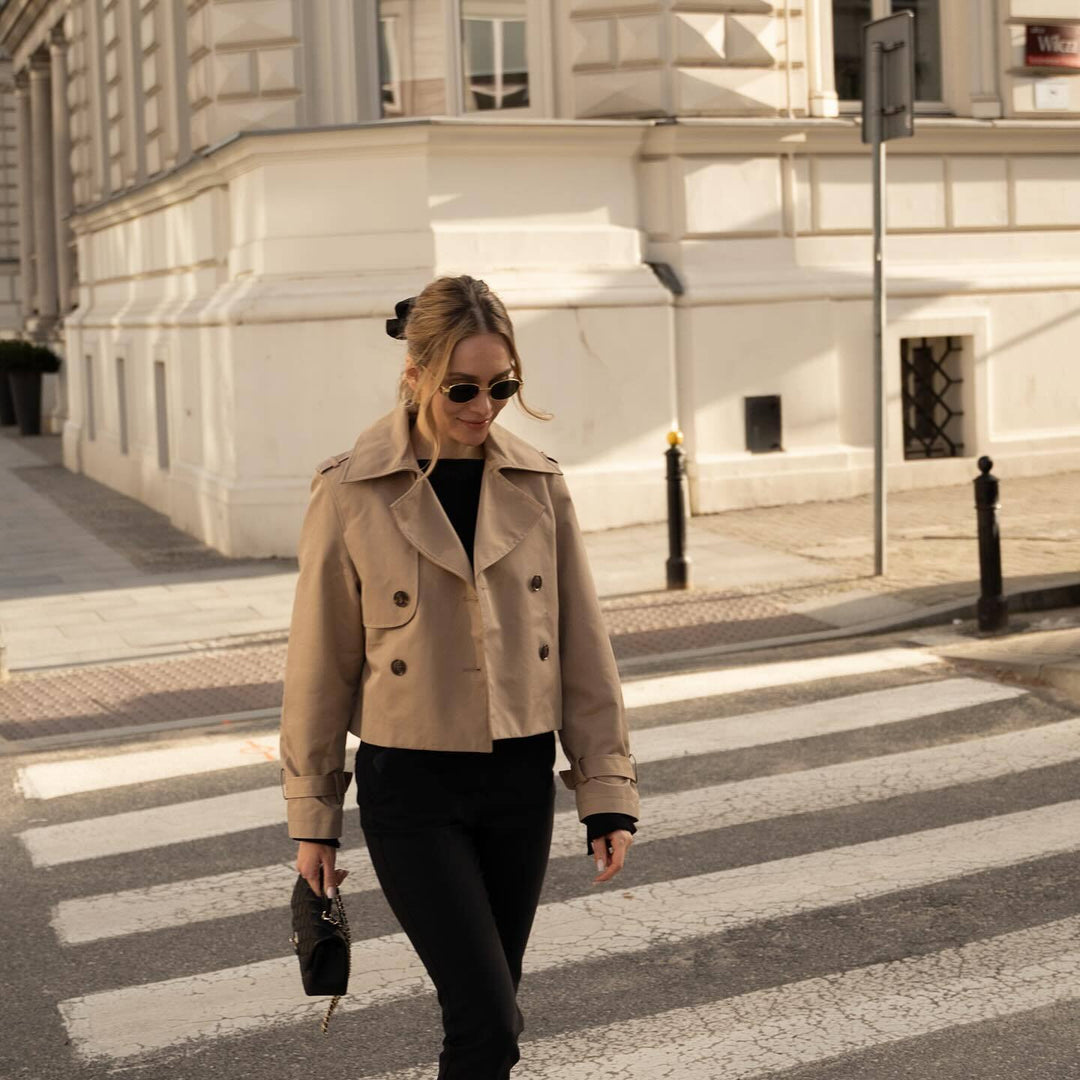 Damen modische cropped Trenchjacke mit doppeltem Knopfverschluss Drune