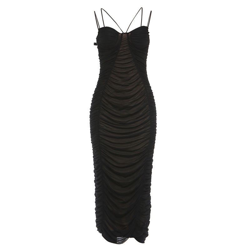 Damen Elegantes Maxikleid mit raffinierten Rüschendetails und feinen Spaghettiträgern Drune