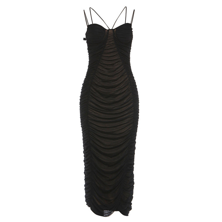 Damen Elegantes Maxikleid mit raffinierten Rüschendetails und feinen Spaghettiträgern Drune