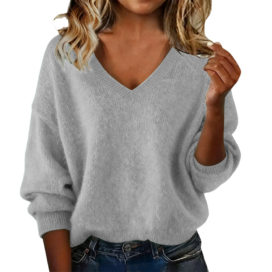 Damen V-Ausschnitt Pullover mit weichem Fluff-Material und oversized Schnitt Drune