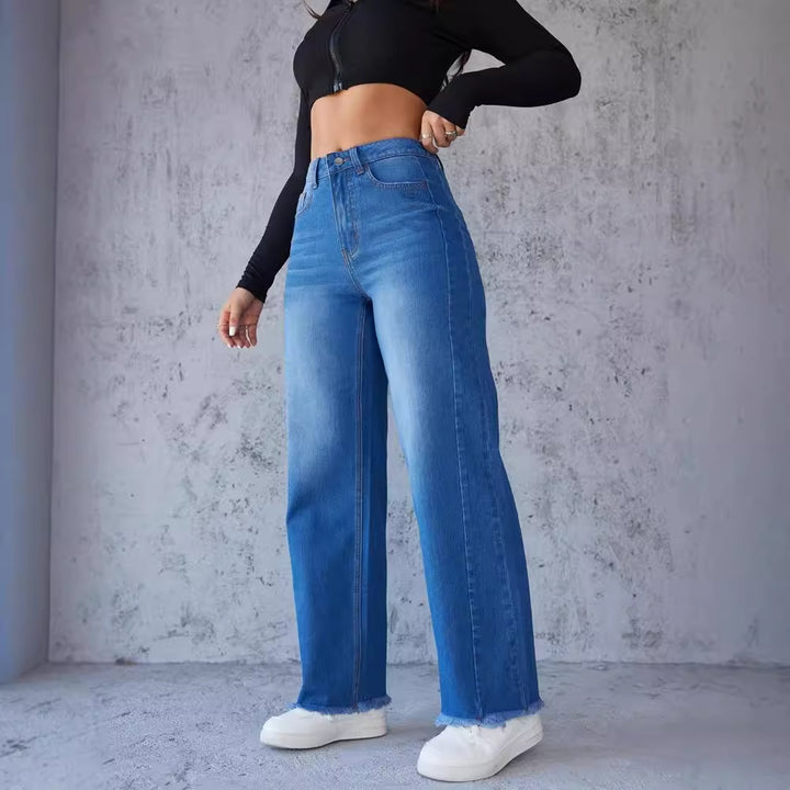 Damen weite High-Waist Jeans mit ausgefranstem Saum Drune
