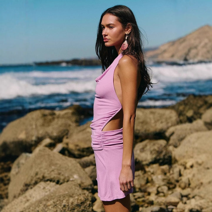 Damen Freizeitkleid mit gerafftem Design und Wasserfall-Ausschnitt Drune