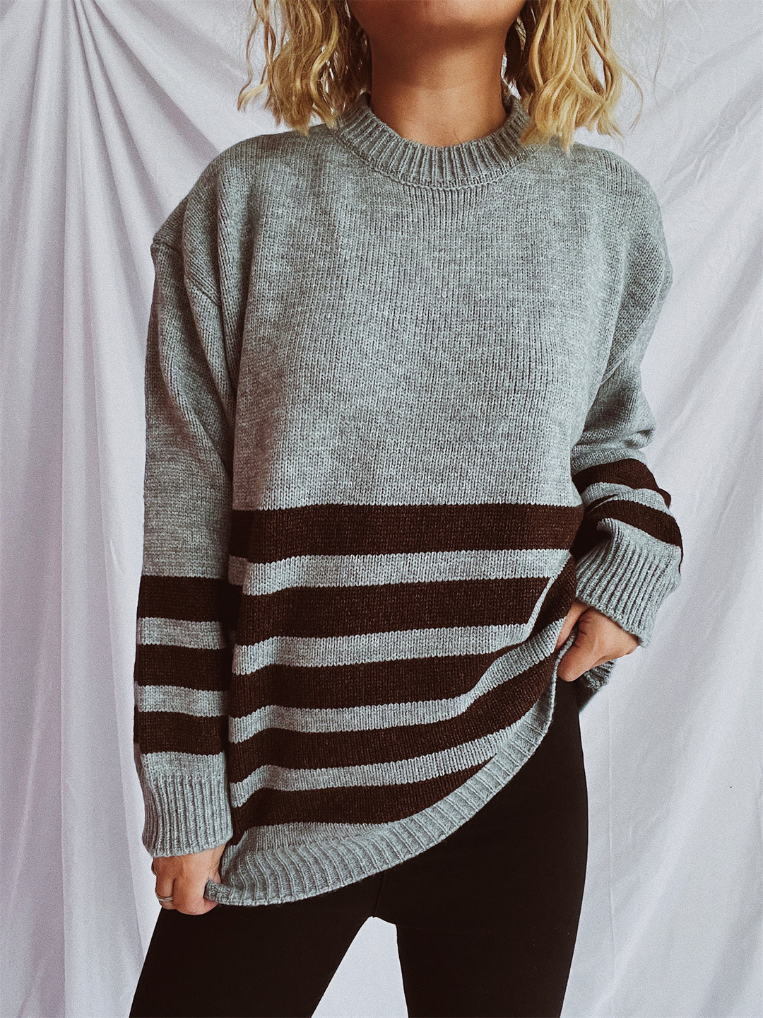 Damen lässiger Strickpullover mit breitem Streifenmuster Drune