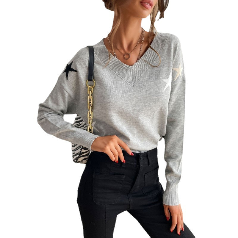 Damen V-Ausschnitt Pullover mit Sternenmotiven und lässigem Schnitt Drune