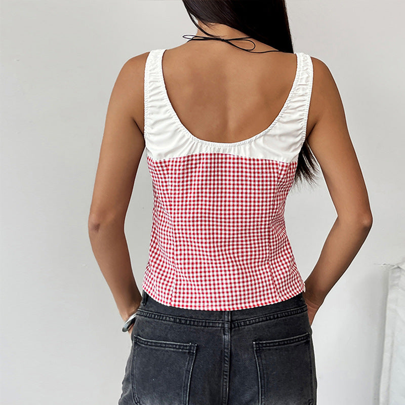 Damen Karomuster Top mit dekorativem Bindeband Drune