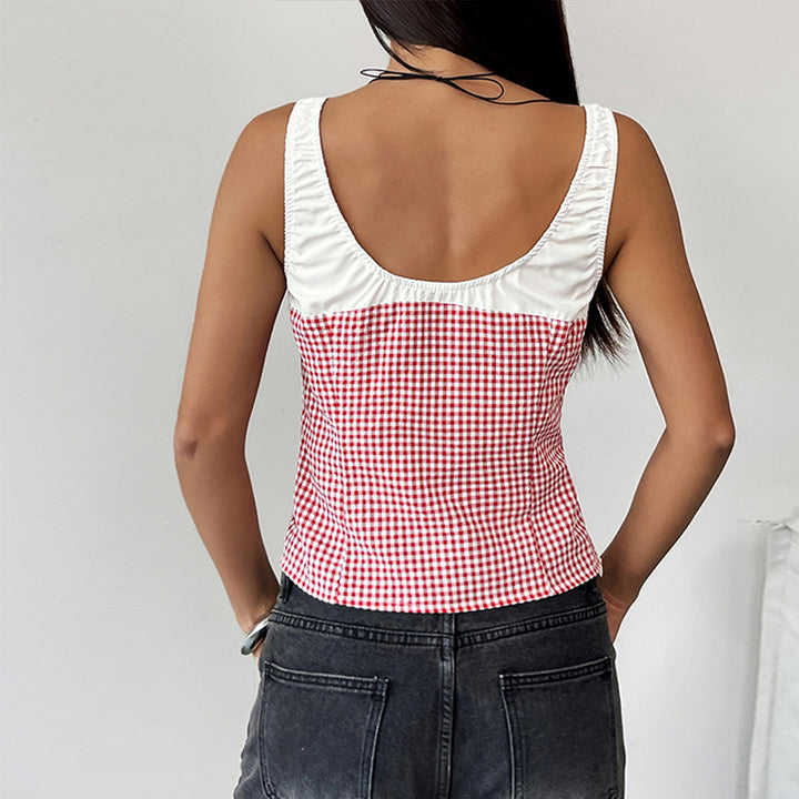 Damen Karomuster Top mit dekorativem Bindeband Drune