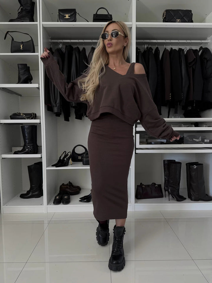 Damen modisches Strickkleid mit lässigem Crop-Oberteil und taillierter Silhouette Drune