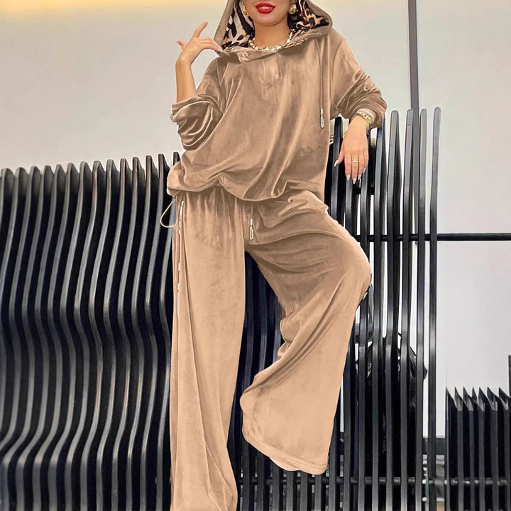 Damen komfortabler Lounge-Anzug mit Kapuze und elegantem Satin-Finish Drune
